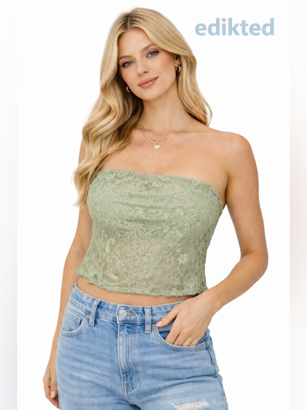 edikted Olive Green Lace Strapless Crop Top